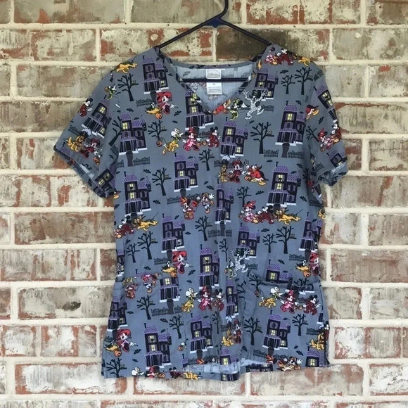 Disney Gray Micky Minnie Pluto Halloween Scrub Top - Picture 1 of 9